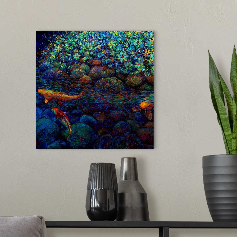 A modern room featuring Brightly colored contemporary artwork of a koi fish by flowers.