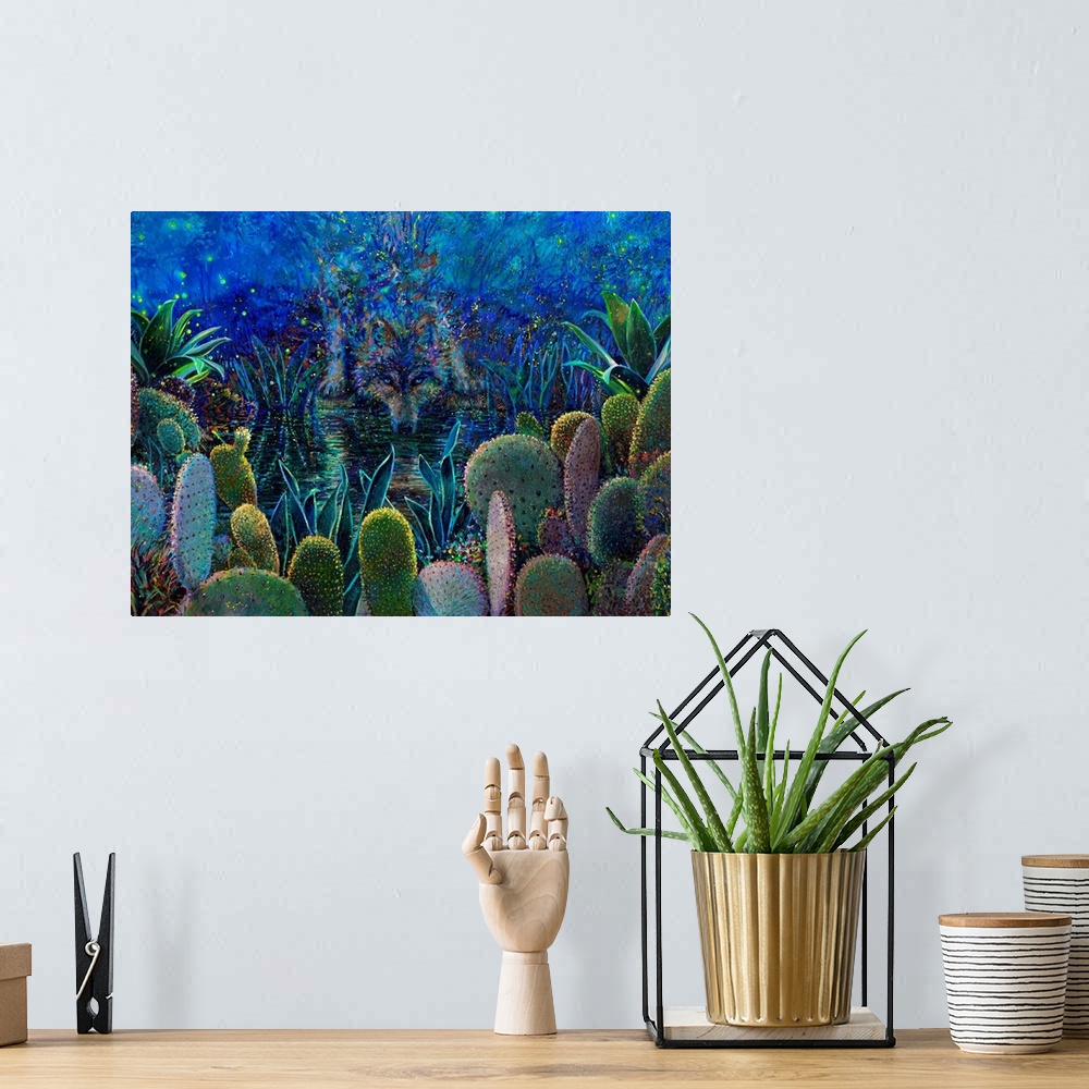 A bohemian room featuring Brightly colored contemporary artwork of a wolf drinking water by cacti.