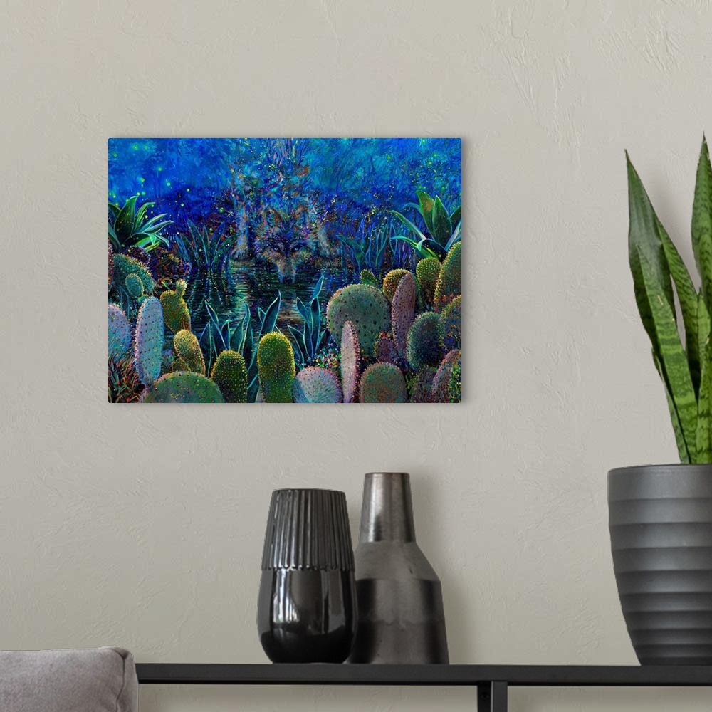A modern room featuring Brightly colored contemporary artwork of a wolf drinking water by cacti.