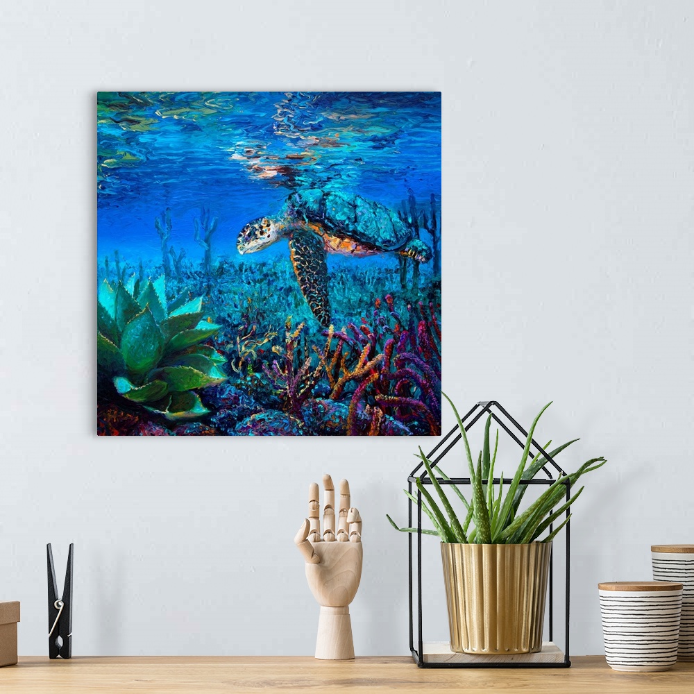A bohemian room featuring Brightly colored contemporary artwork of a turtle swimming above coral.
