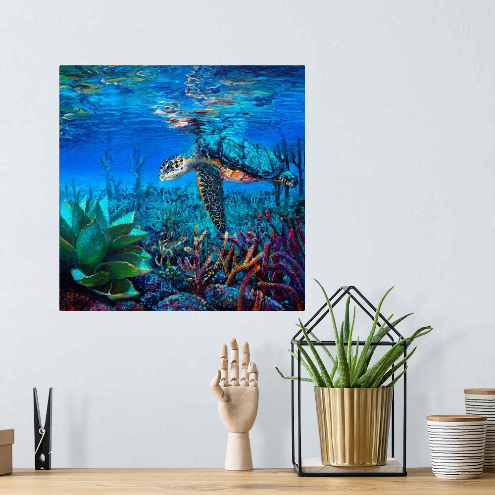 A bohemian room featuring Brightly colored contemporary artwork of a turtle swimming above coral.