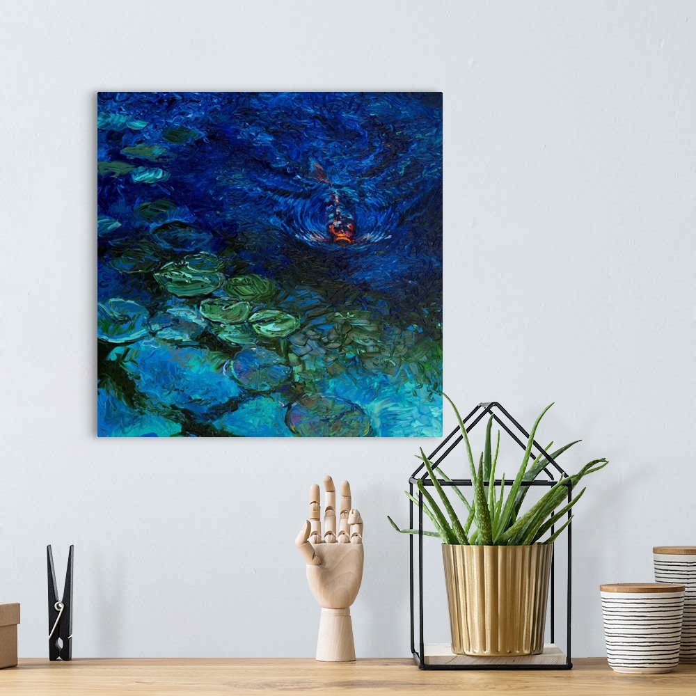 A bohemian room featuring Brightly colored contemporary artwork of a single koi fish in a pond.