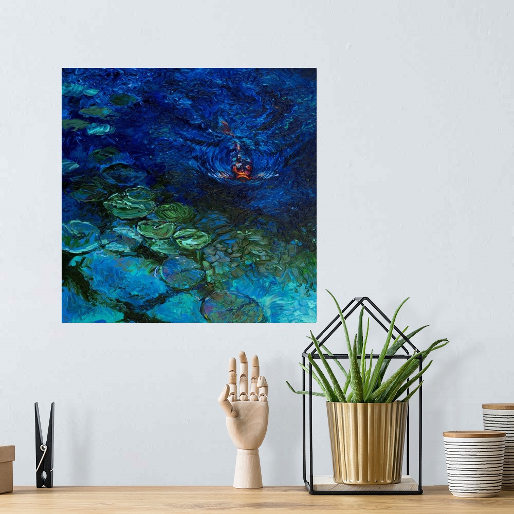 A bohemian room featuring Brightly colored contemporary artwork of a single koi fish in a pond.