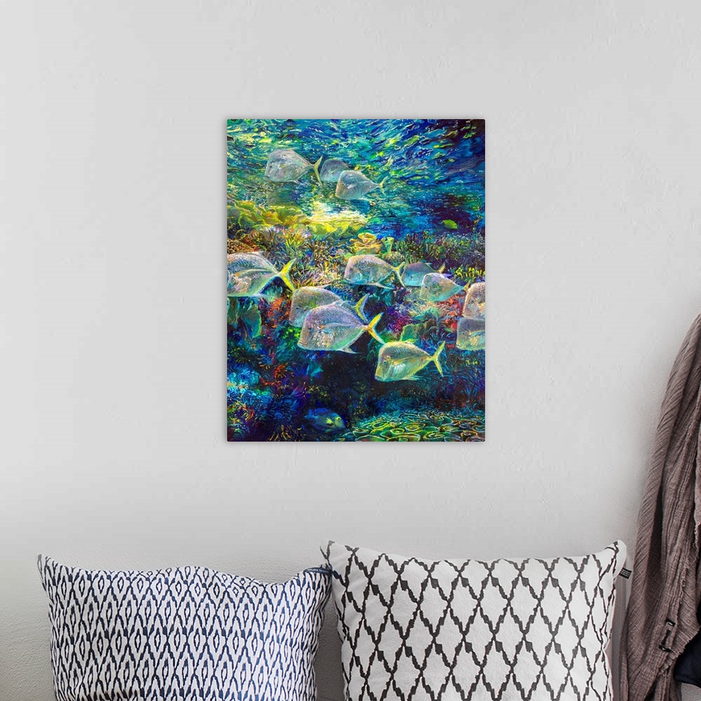 A bohemian room featuring Brightly colored contemporary artwork of a fish swimming around coral.