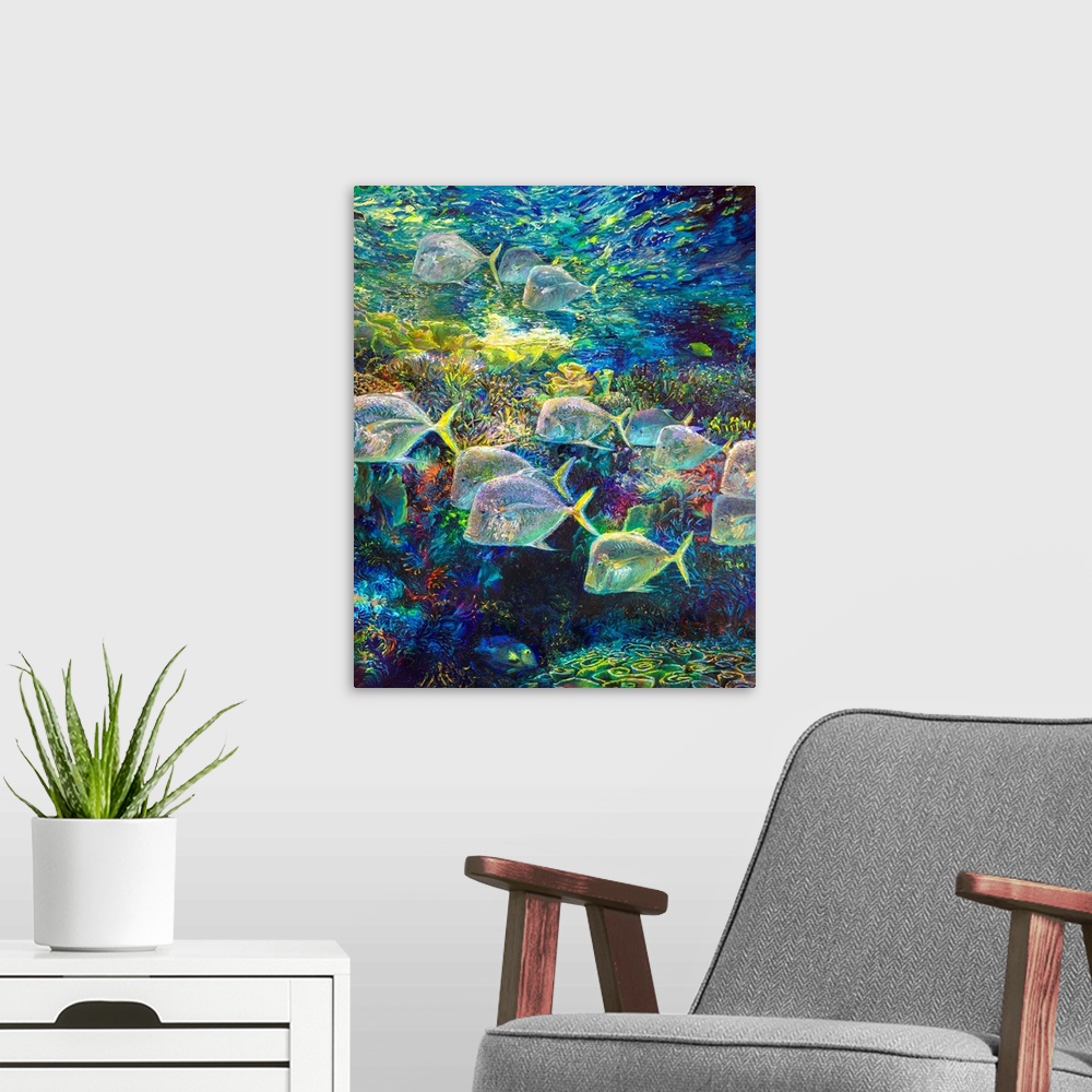 A modern room featuring Brightly colored contemporary artwork of a fish swimming around coral.