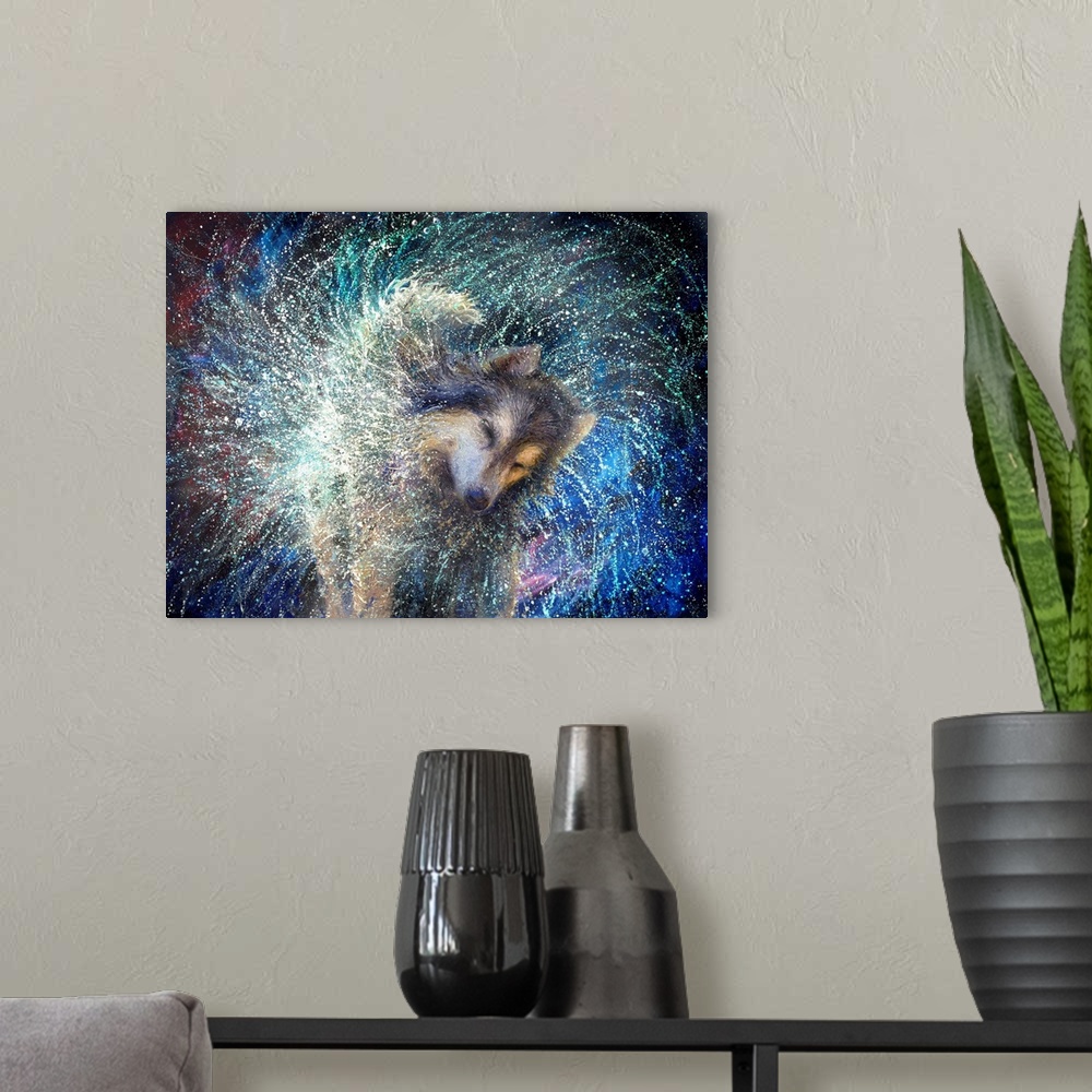 A modern room featuring Brightly colored contemporary artwork of a husky shaking off water.