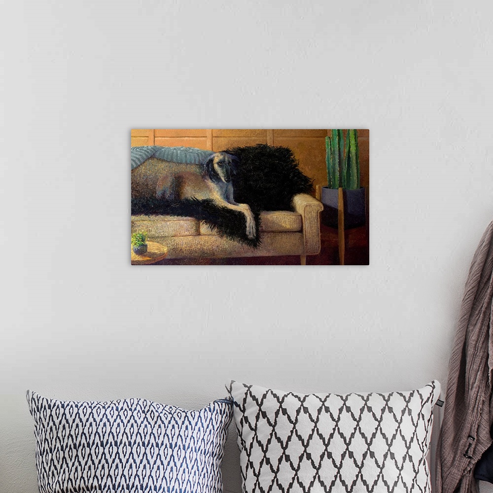A bohemian room featuring Brightly colored contemporary artwork of a dog sitting on a couch.