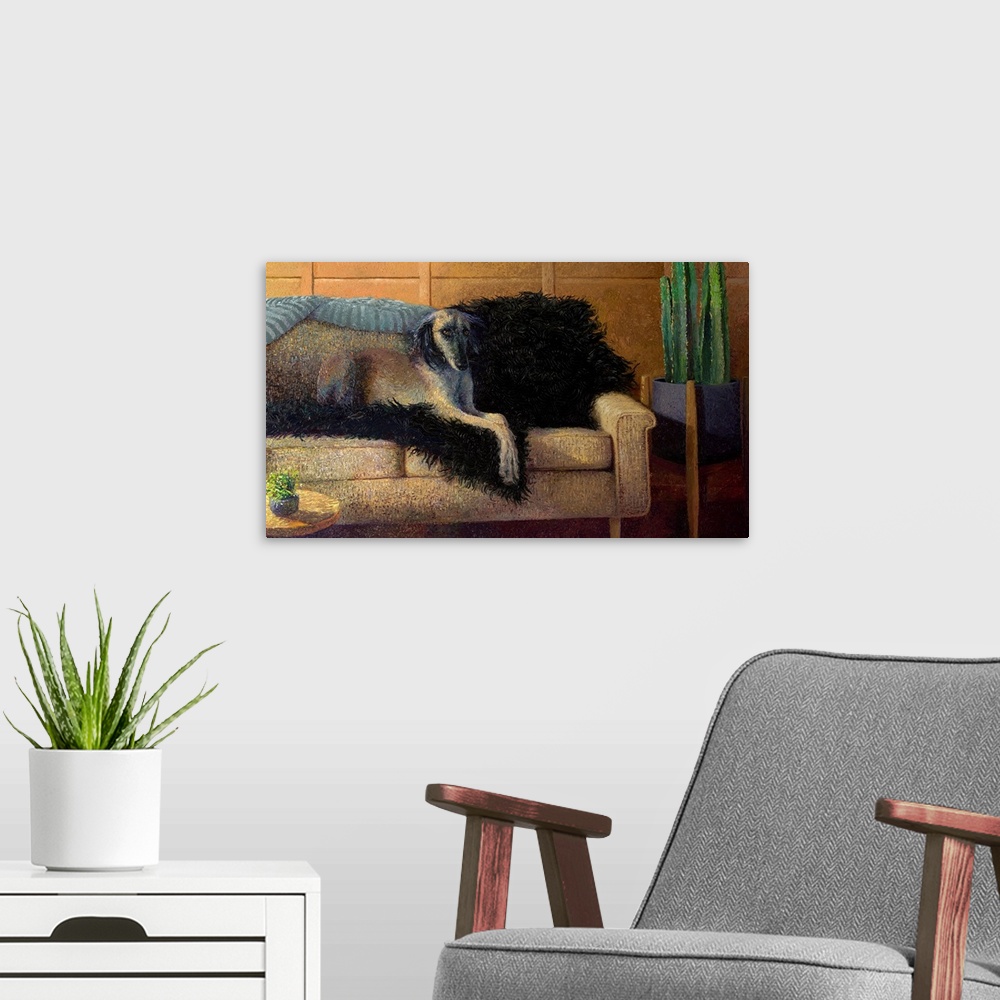 A modern room featuring Brightly colored contemporary artwork of a dog sitting on a couch.