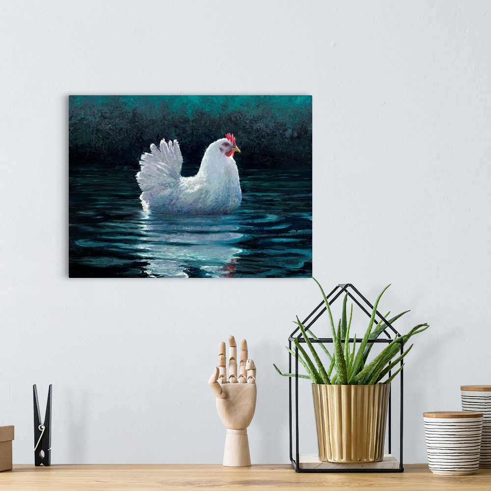 A bohemian room featuring Brightly colored contemporary artwork of a hen in water.