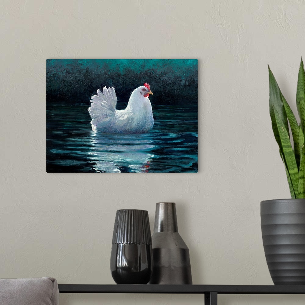 A modern room featuring Brightly colored contemporary artwork of a hen in water.