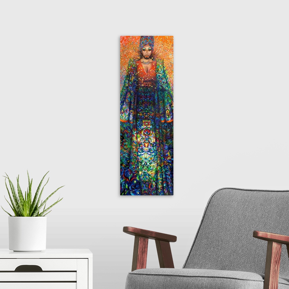 A modern room featuring Brightly colored contemporary artwork of Manghoe Lassi in colorful robes.