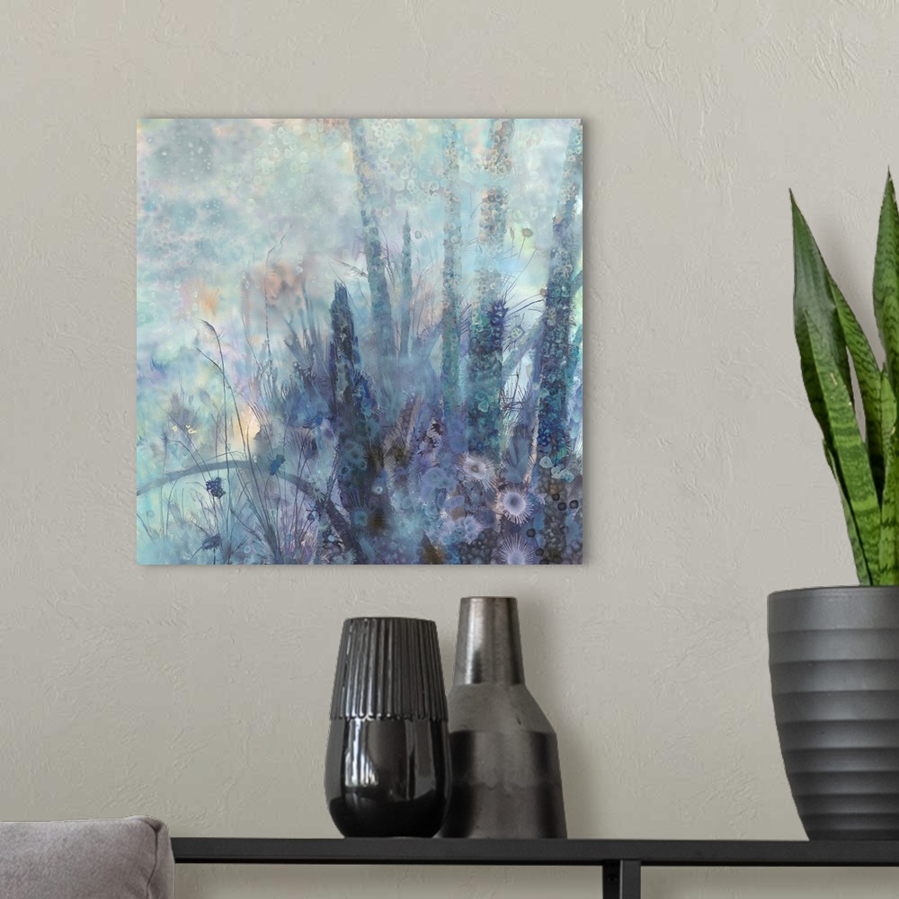 A modern room featuring Contemporary artwork of a cool toned flowers.