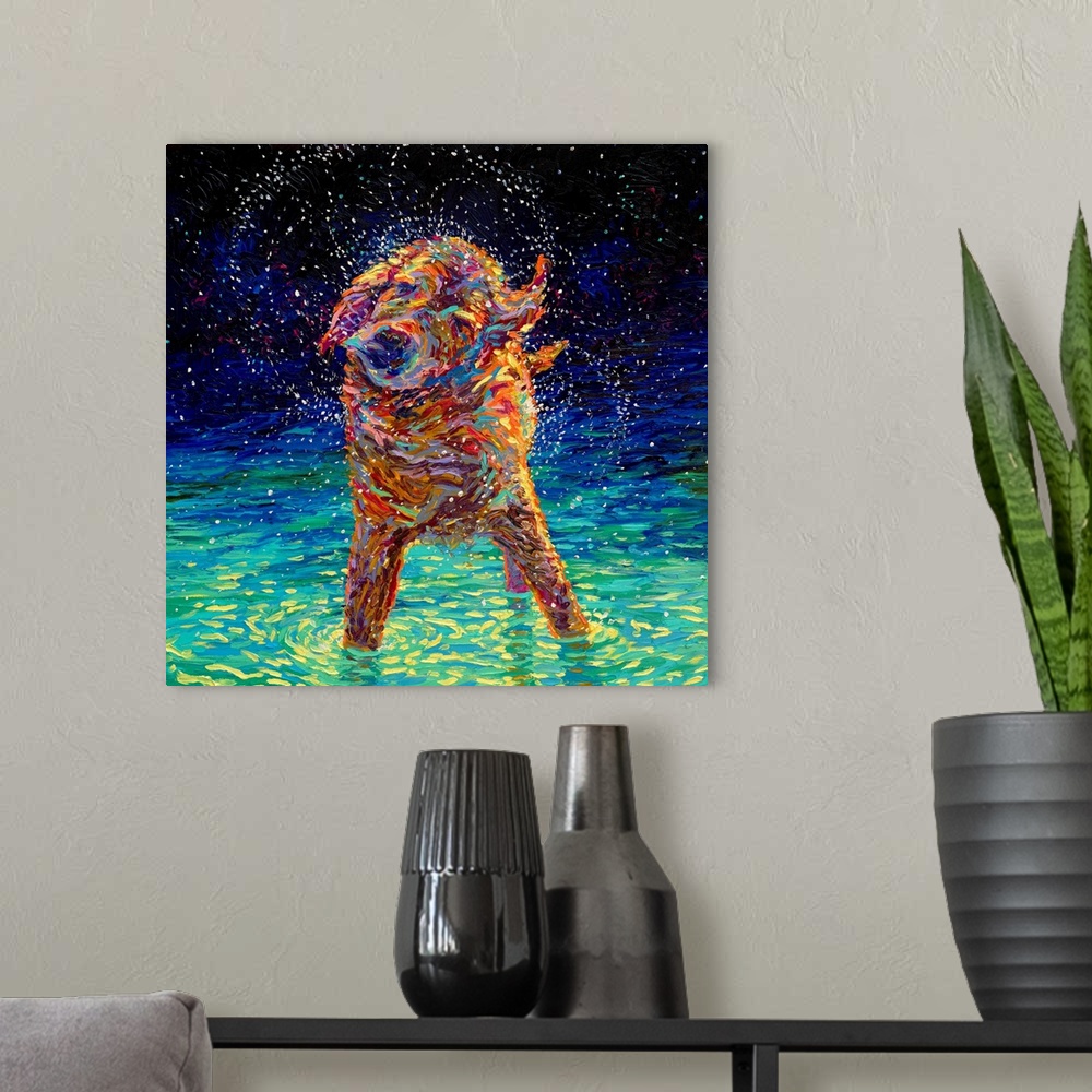 A modern room featuring Brightly colored contemporary artwork of a dog shaking off water in the moonlight.