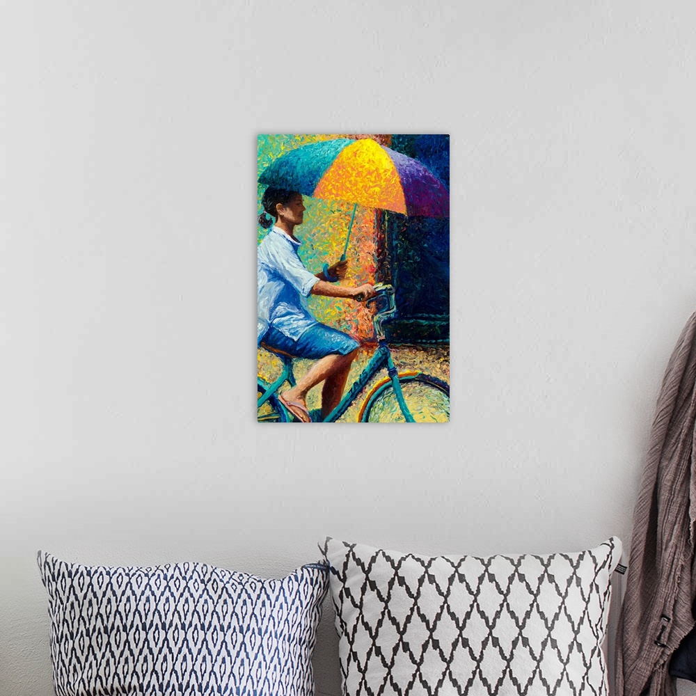 A bohemian room featuring Brightly colored contemporary artwork of a city traveled by boat.