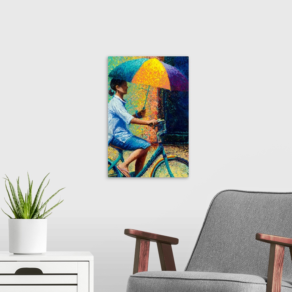 A modern room featuring Brightly colored contemporary artwork of a city traveled by boat.