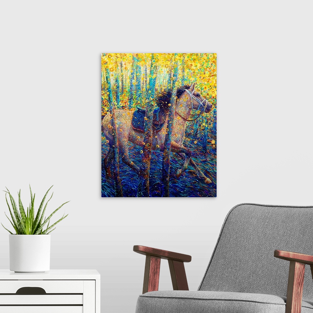 A modern room featuring Brightly colored contemporary artwork of a horse running through the woods.