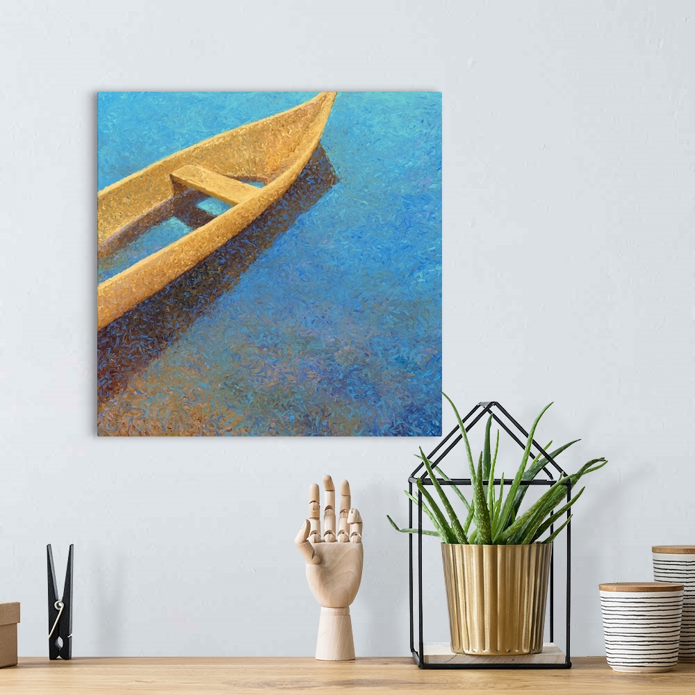 A bohemian room featuring Brightly colored contemporary artwork of a boat in the water.