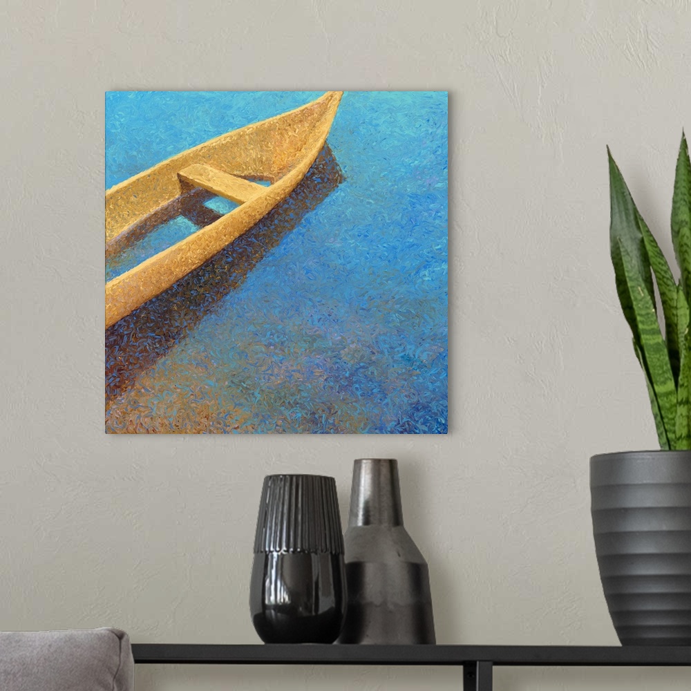 A modern room featuring Brightly colored contemporary artwork of a boat in the water.