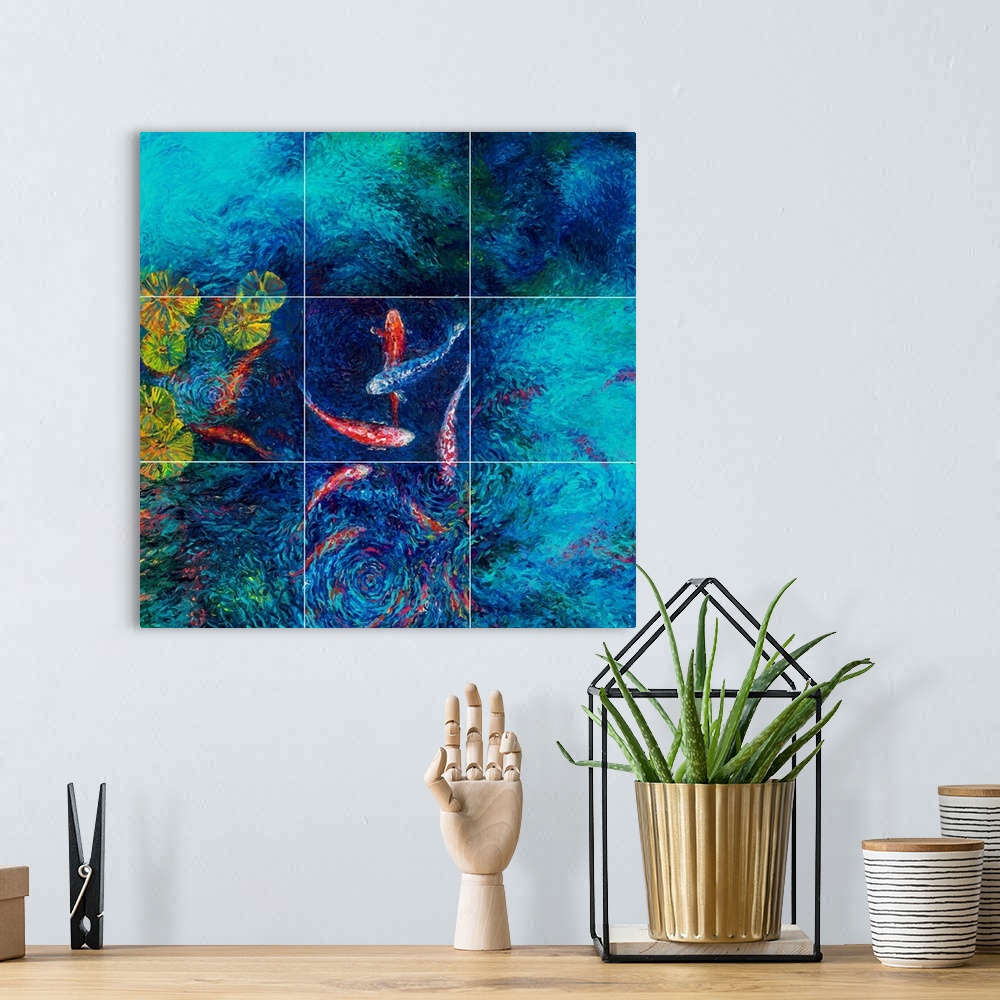 A bohemian room featuring Brightly colored contemporary artwork of nine red fish and one blue fish swimming in a pond.