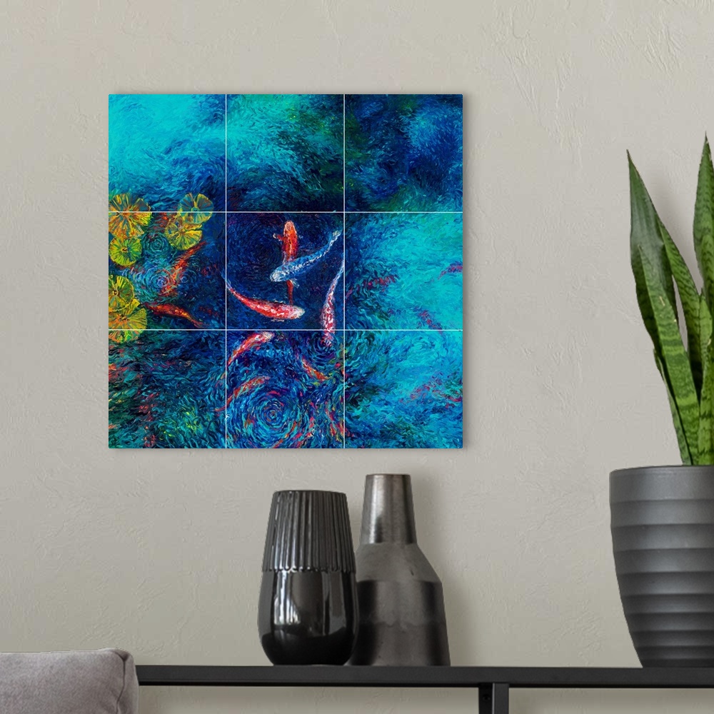 A modern room featuring Brightly colored contemporary artwork of nine red fish and one blue fish swimming in a pond.