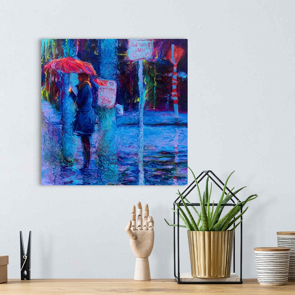 A bohemian room featuring Brightly colored contemporary artwork of a woman standing at a crosswalk in the rain.