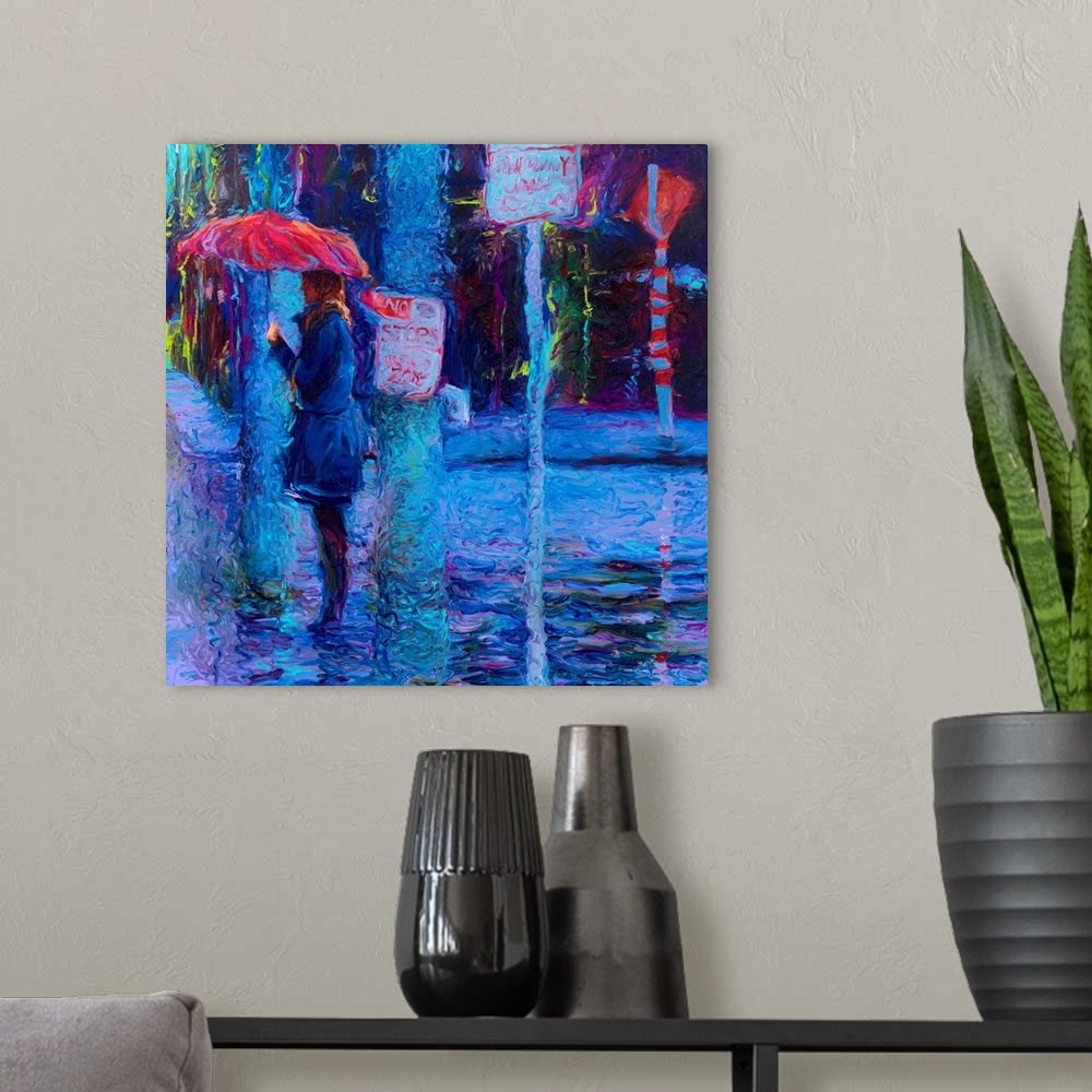 A modern room featuring Brightly colored contemporary artwork of a woman standing at a crosswalk in the rain.