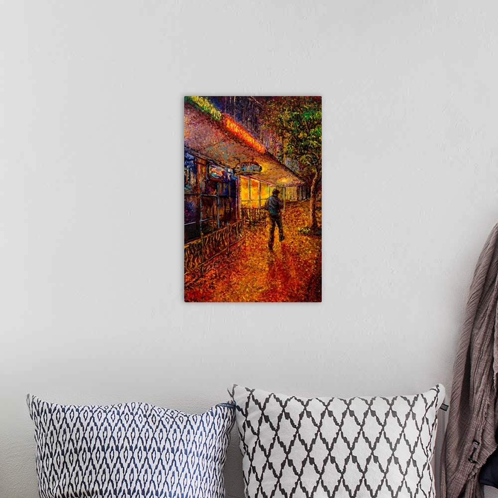 A bohemian room featuring Brightly colored contemporary artwork of a man walking by a bar.