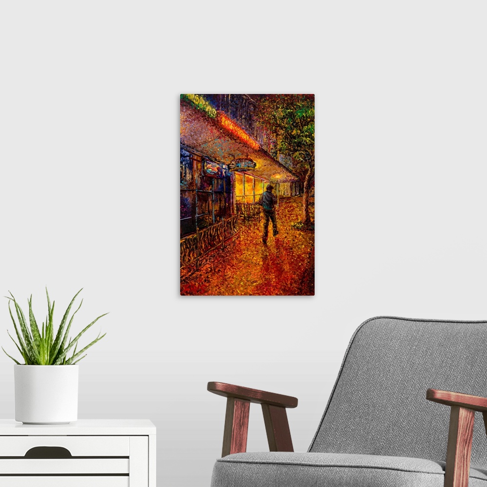 A modern room featuring Brightly colored contemporary artwork of a man walking by a bar.