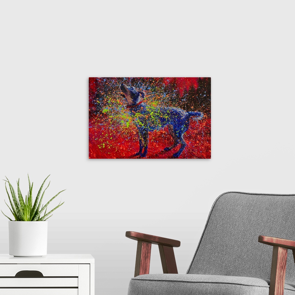 A modern room featuring Brightly colored contemporary artwork of a dog shaking off colors.