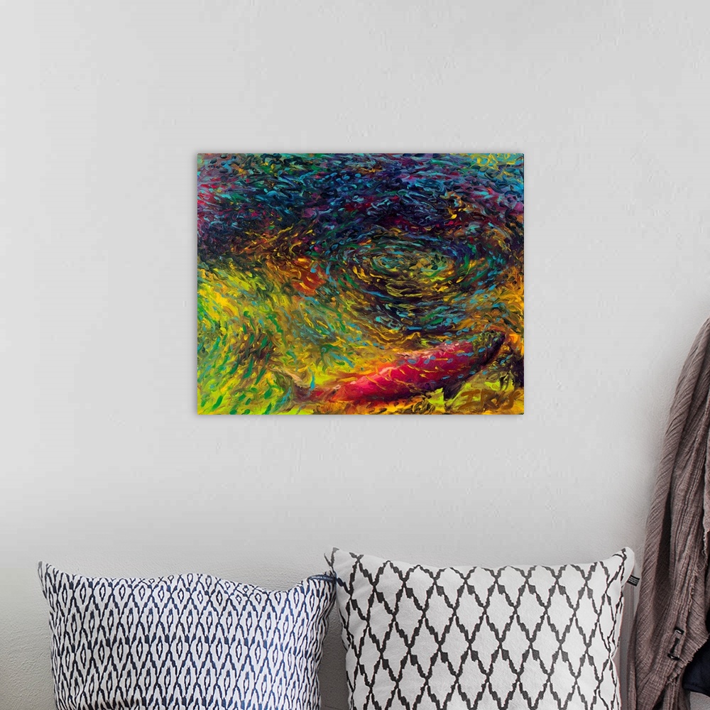 A bohemian room featuring Brightly colored contemporary artwork of a single sockeye in rippling water.
