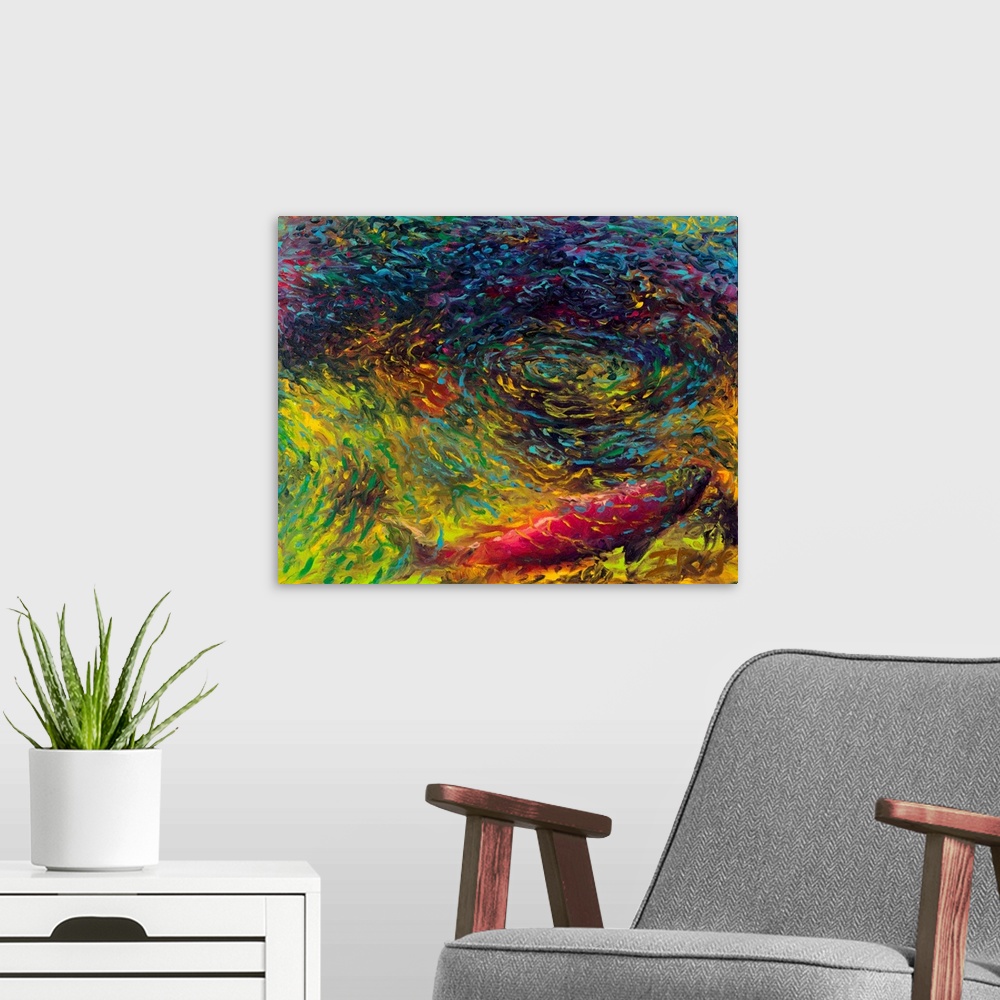A modern room featuring Brightly colored contemporary artwork of a single sockeye in rippling water.
