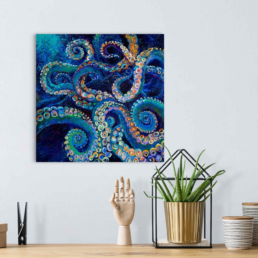 A bohemian room featuring Brightly colored contemporary artwork of a blue octopus.