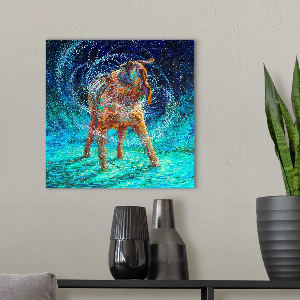 A modern room featuring Brightly colored contemporary artwork of an older dog shaking off water.