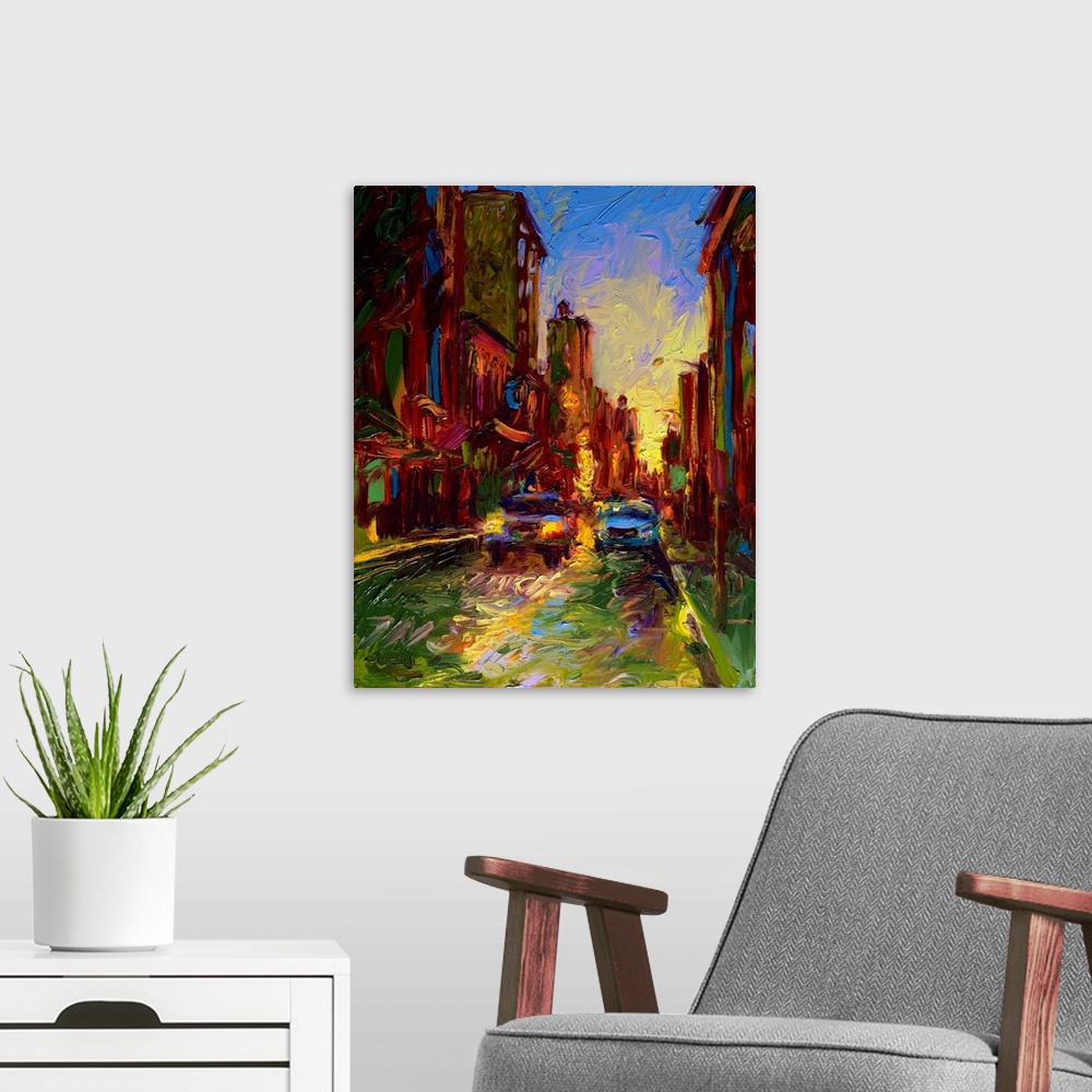 A modern room featuring Brightly colored contemporary artwork of a street view of cars passing by.