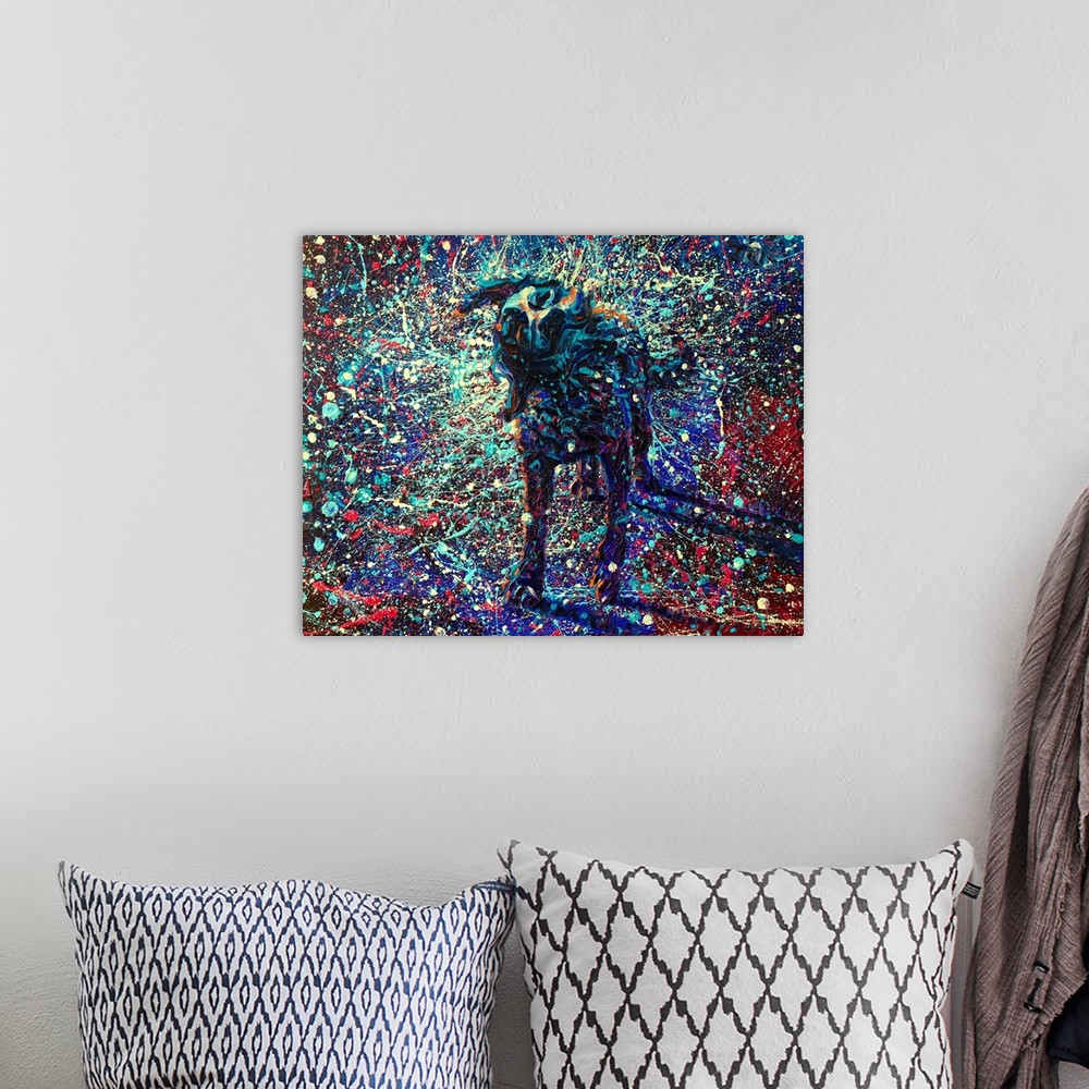A bohemian room featuring Brightly colored contemporary artwork of a splatter painting of a dog shaking off water.