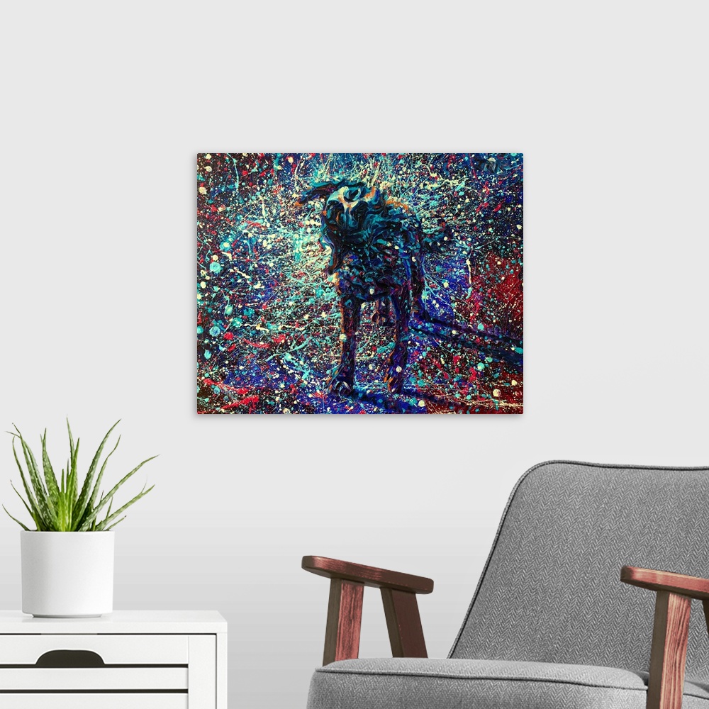 A modern room featuring Brightly colored contemporary artwork of a splatter painting of a dog shaking off water.