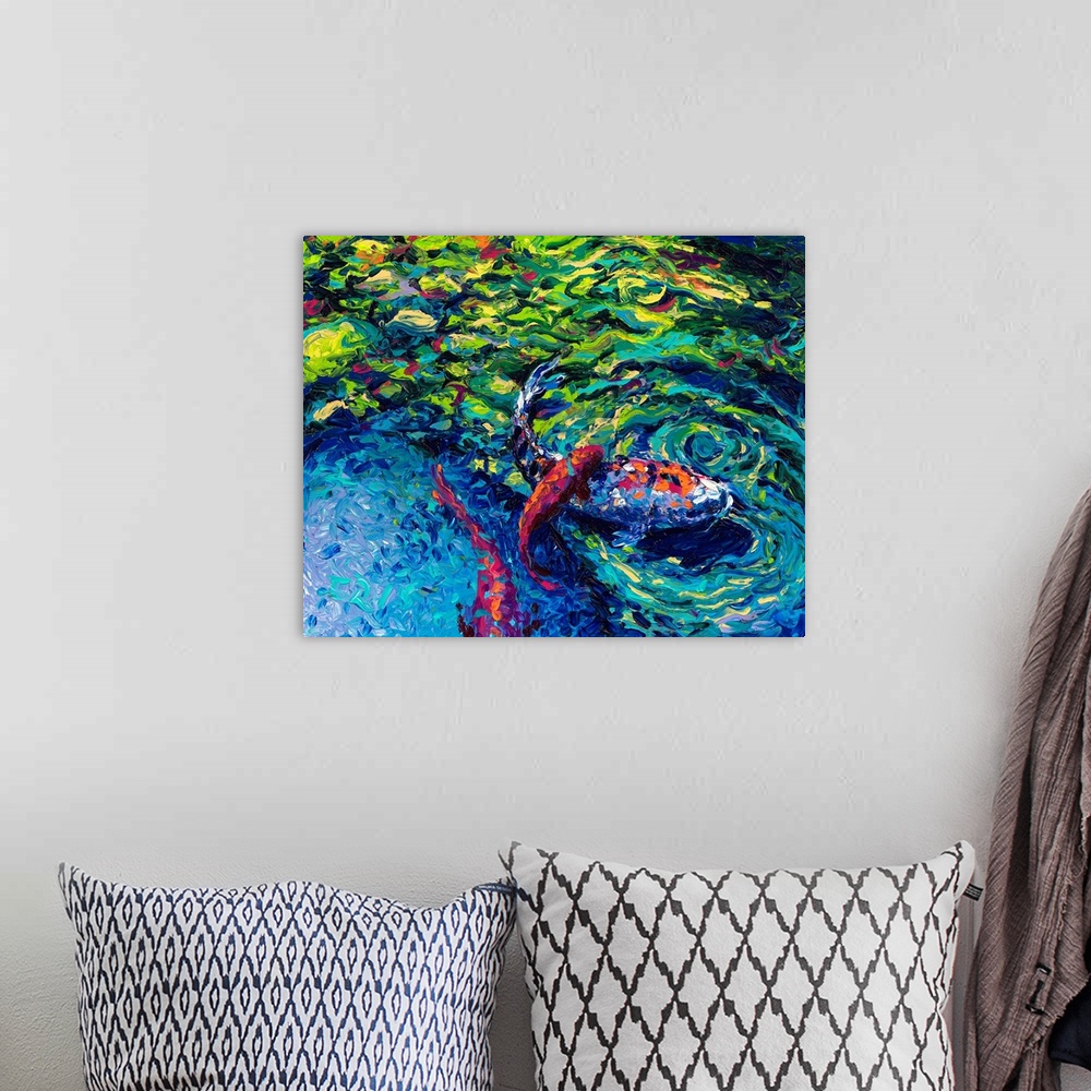 A bohemian room featuring Brightly colored contemporary artwork of a koi fish in a pond.