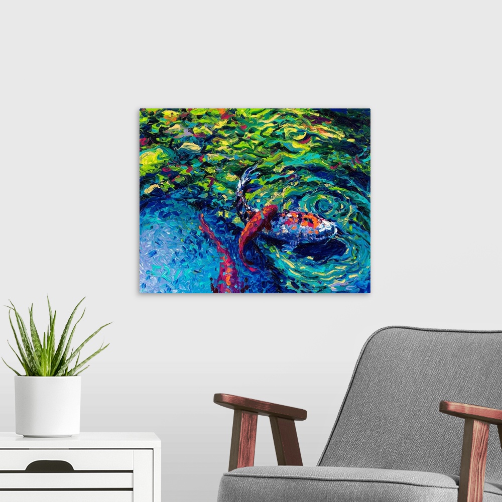 A modern room featuring Brightly colored contemporary artwork of a koi fish in a pond.