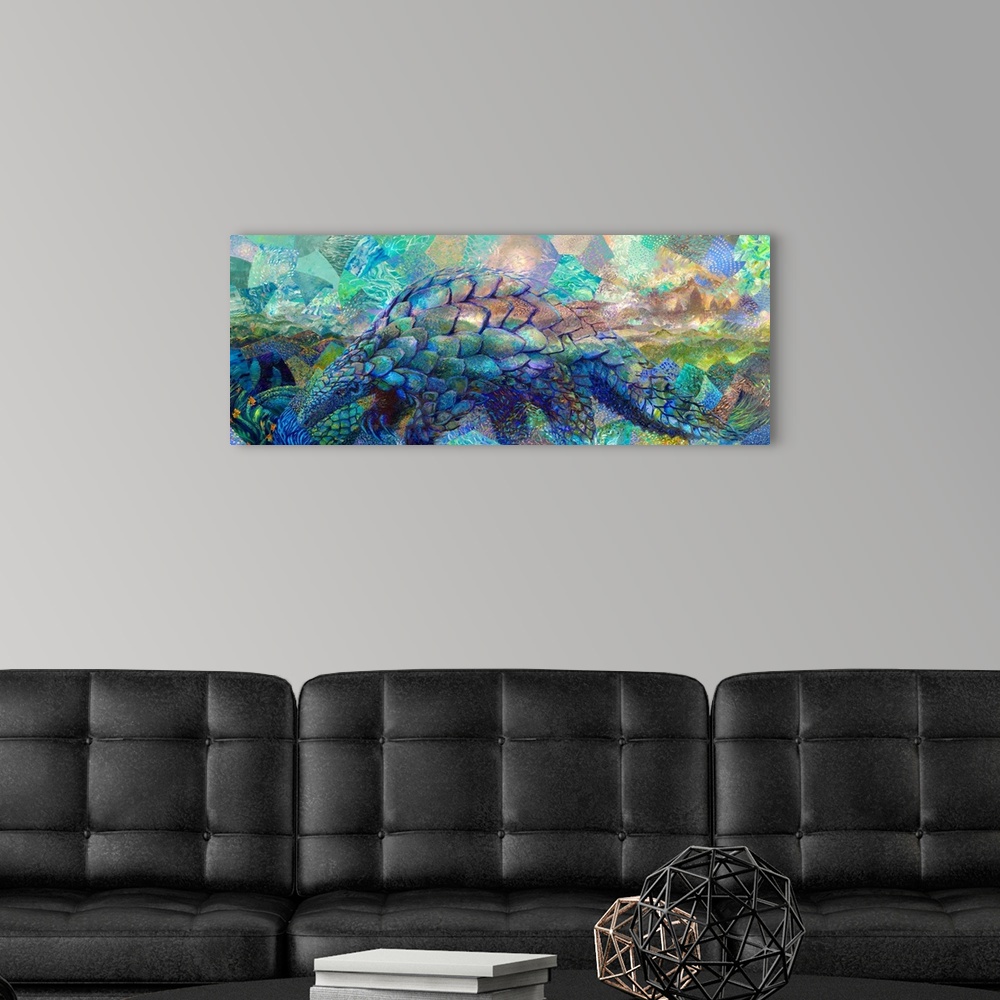 A modern room featuring Brightly colored contemporary artwork of a colorful pangolin.