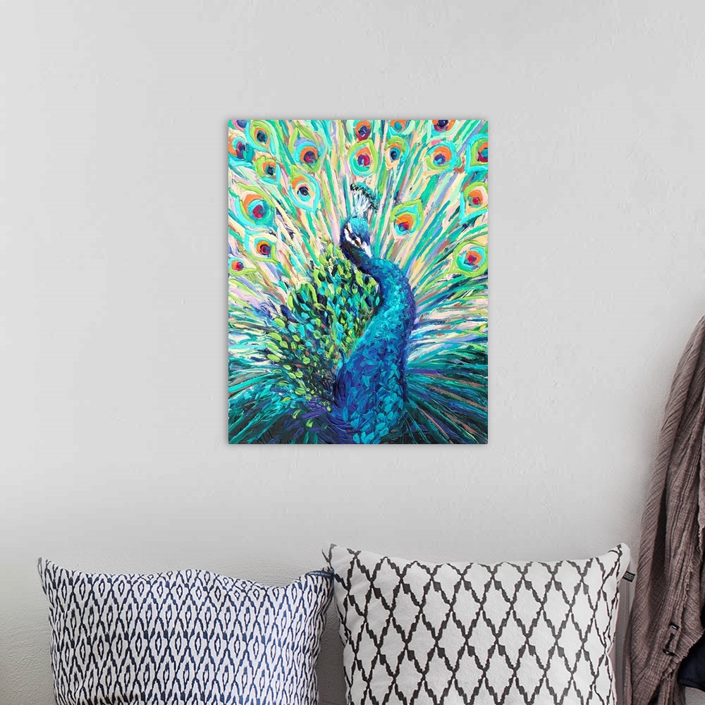 A bohemian room featuring Brightly colored contemporary artwork of a single peacock.