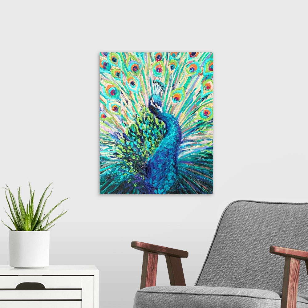 A modern room featuring Brightly colored contemporary artwork of a single peacock.