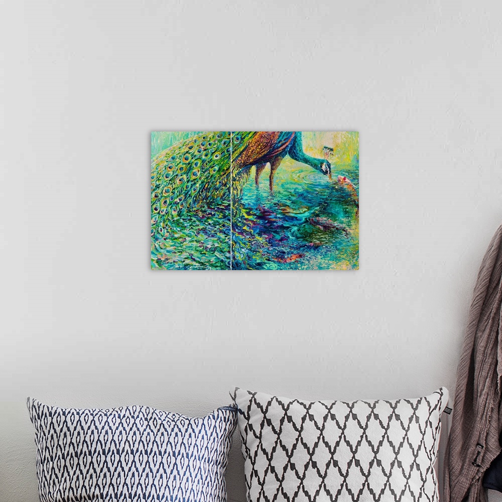 A bohemian room featuring Brightly colored contemporary diptych painting of a peacock and fish in a pond.