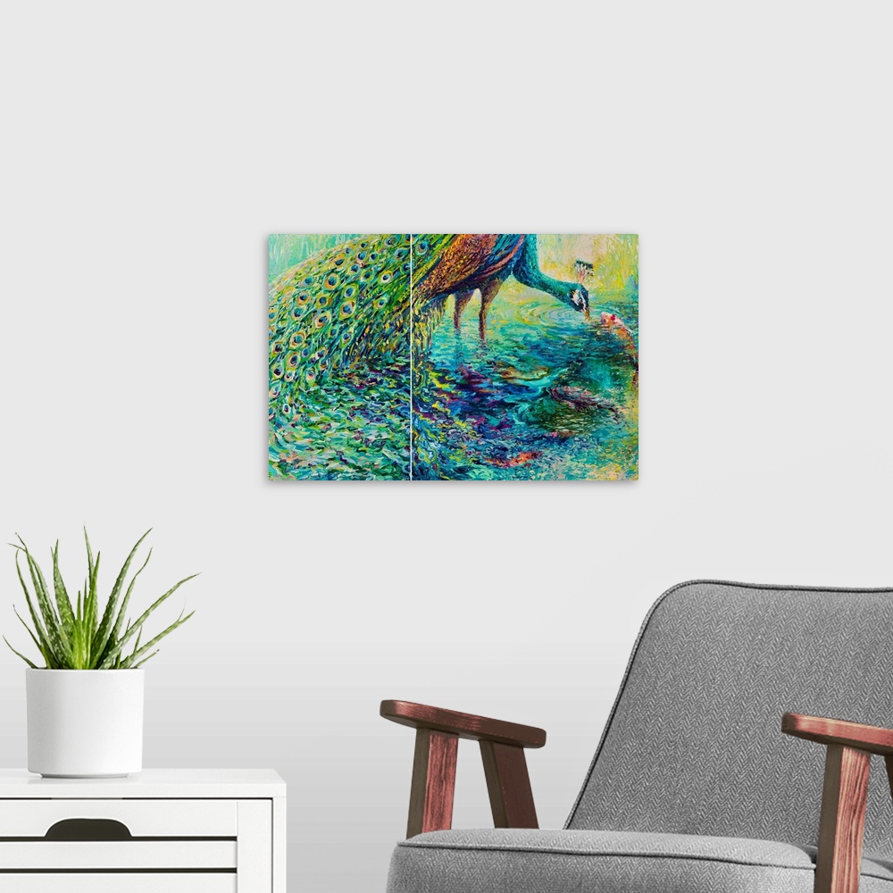 A modern room featuring Brightly colored contemporary diptych painting of a peacock and fish in a pond.