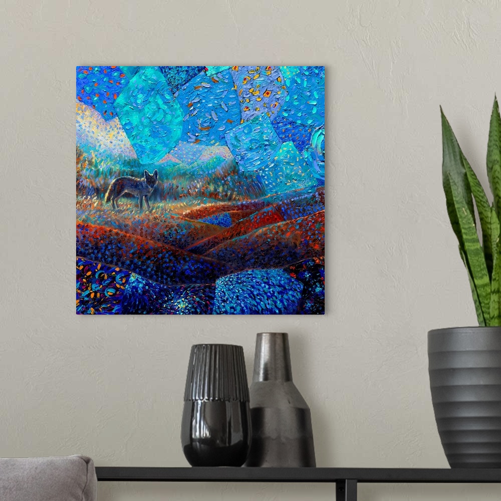 A modern room featuring Brightly colored contemporary artwork of a coyote in a field.