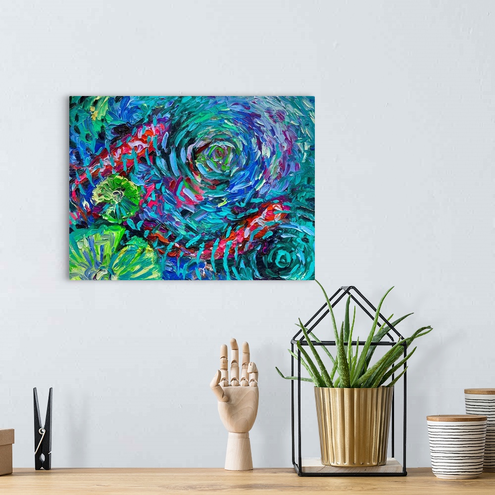 A bohemian room featuring Brightly colored contemporary artwork of a koi fish under rippling water.