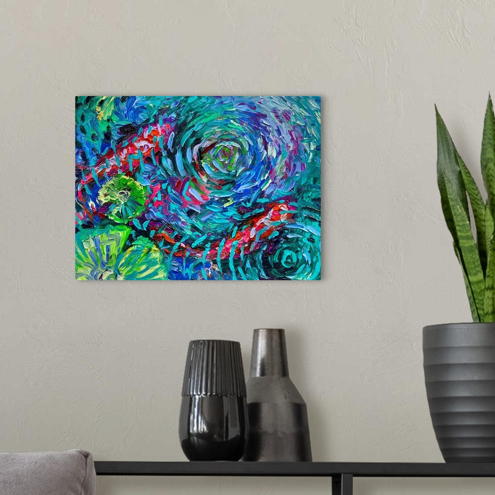 A modern room featuring Brightly colored contemporary artwork of a koi fish under rippling water.