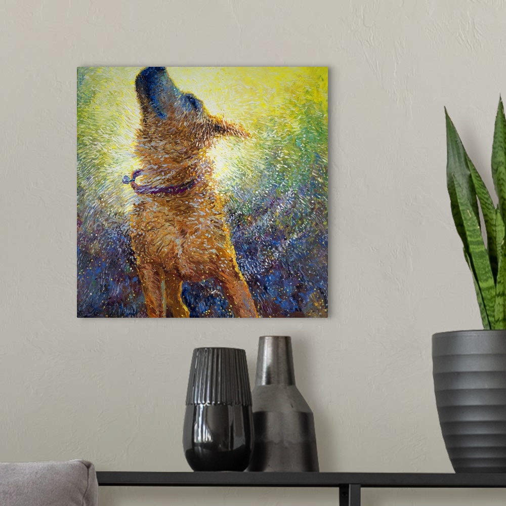 A modern room featuring Brightly colored contemporary artwork of a large dog shaking off water.