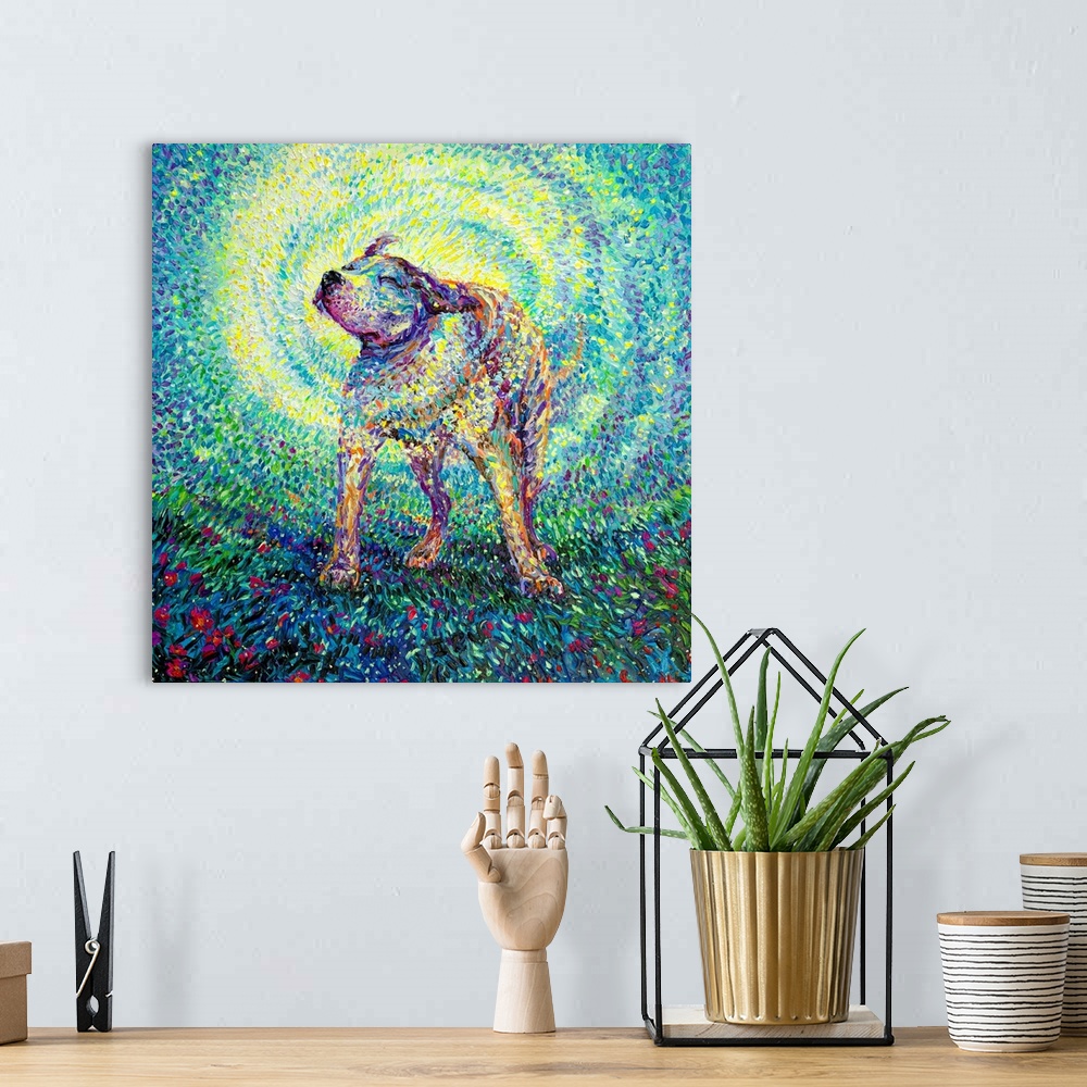A bohemian room featuring Brightly colored contemporary artwork of a pitbull shaking off water in flowers.