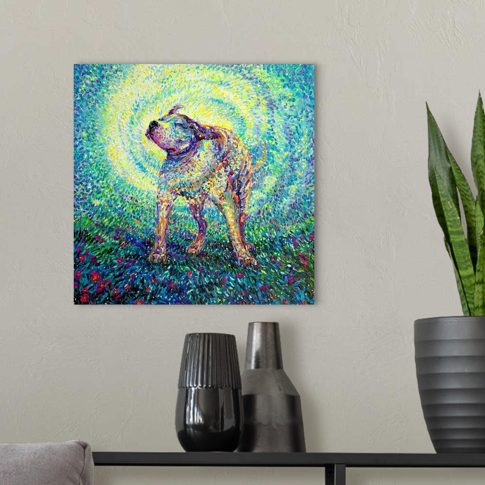 A modern room featuring Brightly colored contemporary artwork of a pitbull shaking off water in flowers.