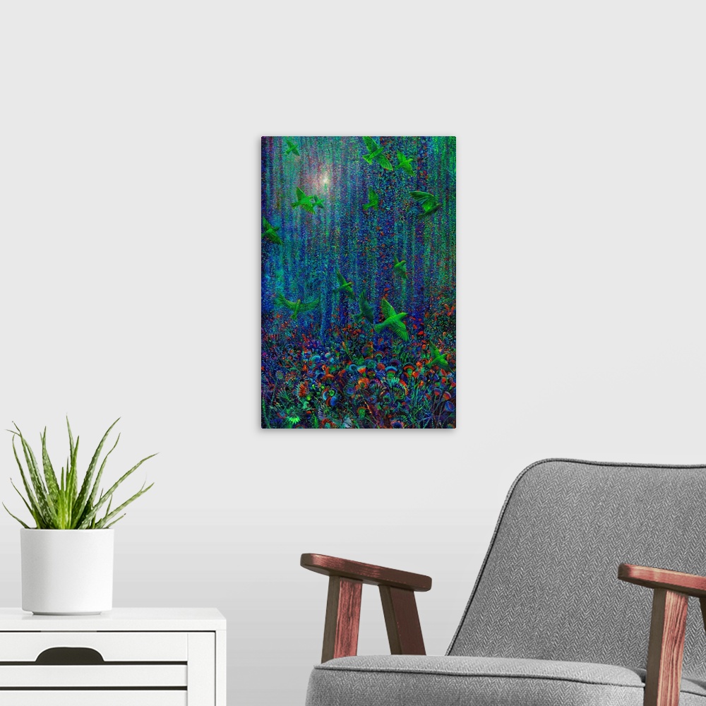 A modern room featuring Brightly colored contemporary artwork of birds flying through a colorful forest.